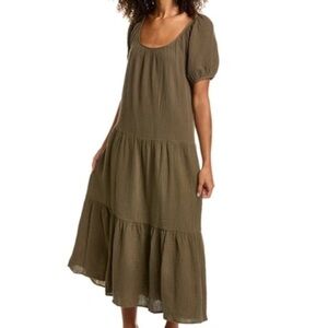 Socialite Puff Sleeve Cotton Gauze Midi Dress - Olive Size XS